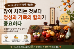 2026 추석 차례상 간소화와 성균관 표준안 음식 구성을 안내하는 이미지