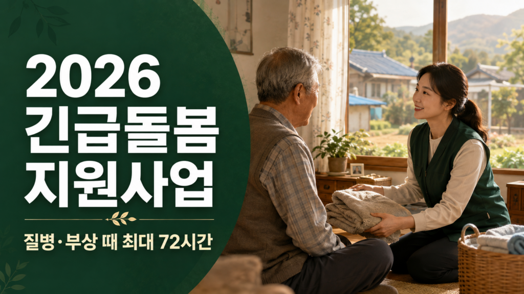 농촌 가정을 방문한 돌봄 인력과 2026년 긴급돌봄 지원사업 안내