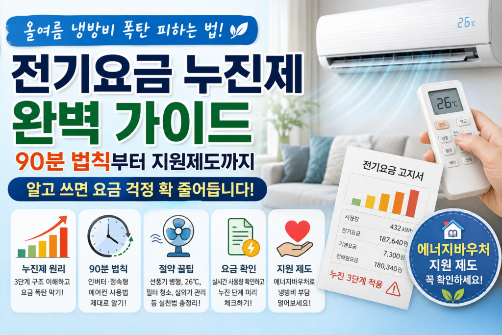 여름 전기요금 누진제와 에어컨 90분 법칙, 냉방비 절약 방법 및 에너지바우처 지원 제도를 안내하는 이미지