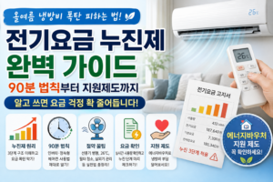 여름 전기요금 누진제와 에어컨 90분 법칙, 냉방비 절약 방법 및 에너지바우처 지원 제도를 안내하는 이미지