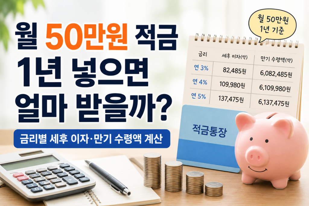 월 50만원 적금 1년 가입 시 금리별 세후 이자와 만기 수령액 비교