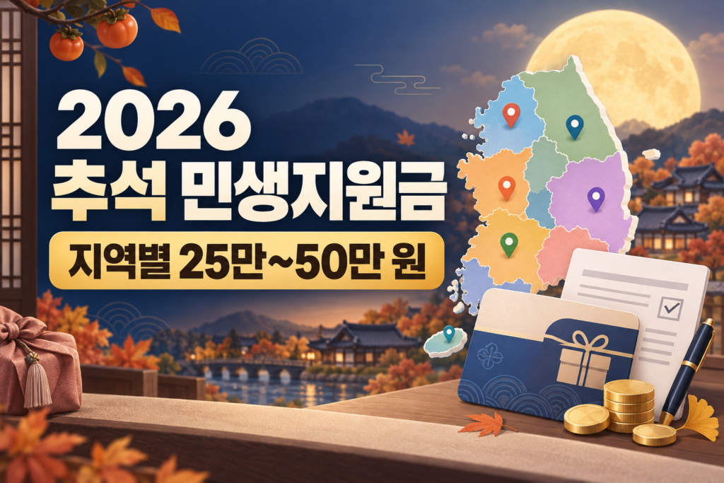 2026 추석 민생지원금이 지역에 따라 1인당 25만 원에서 50만 원까지 지급됨을 알리는 이미지